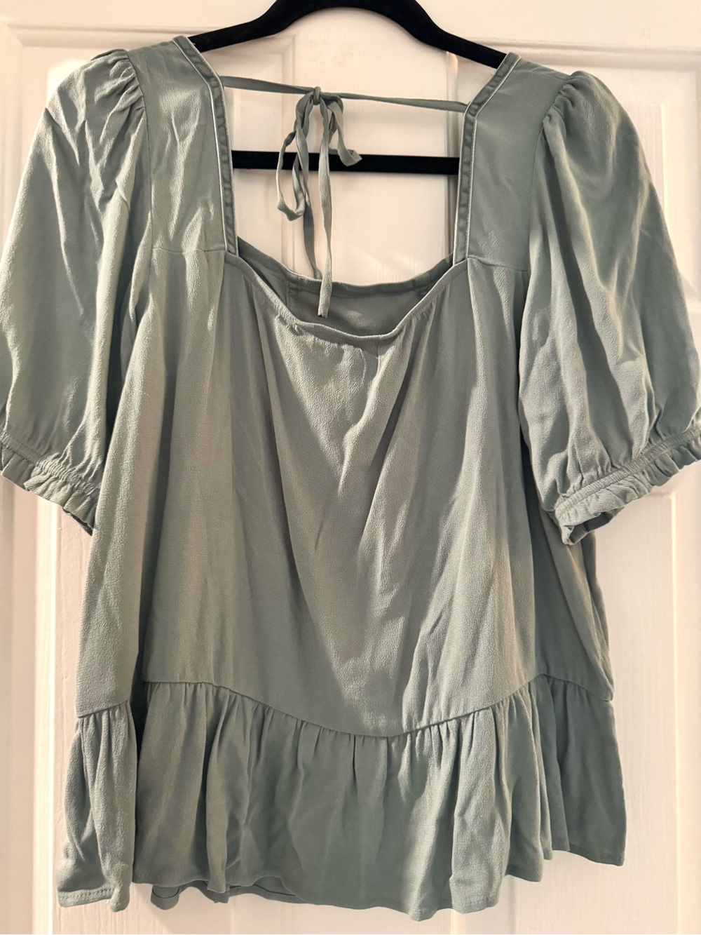 SO Sage Green Puff Sleeve Peplum Blouse